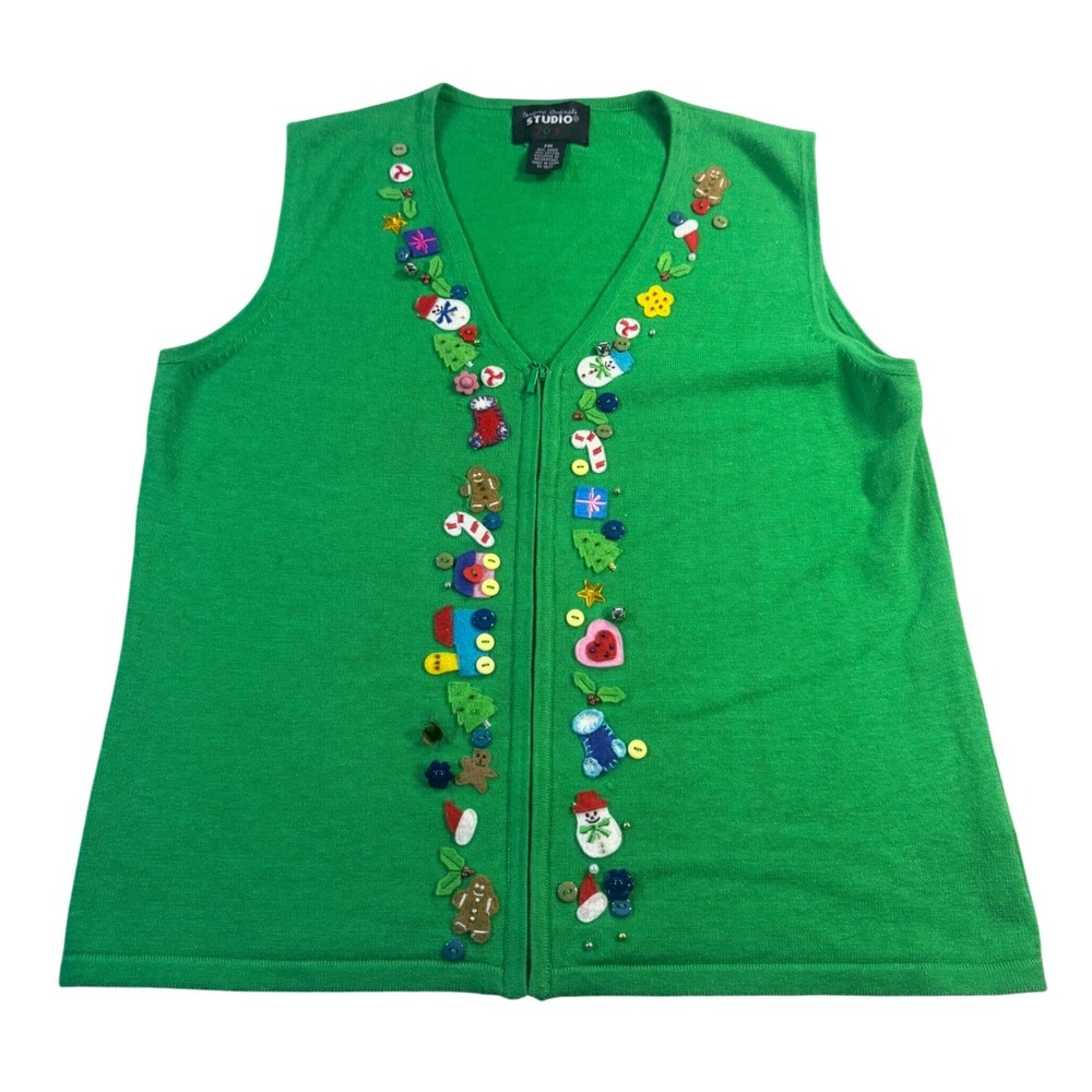 Designers Originals Studio Green Christmas Sweater Vest Zip Front PM Novelty